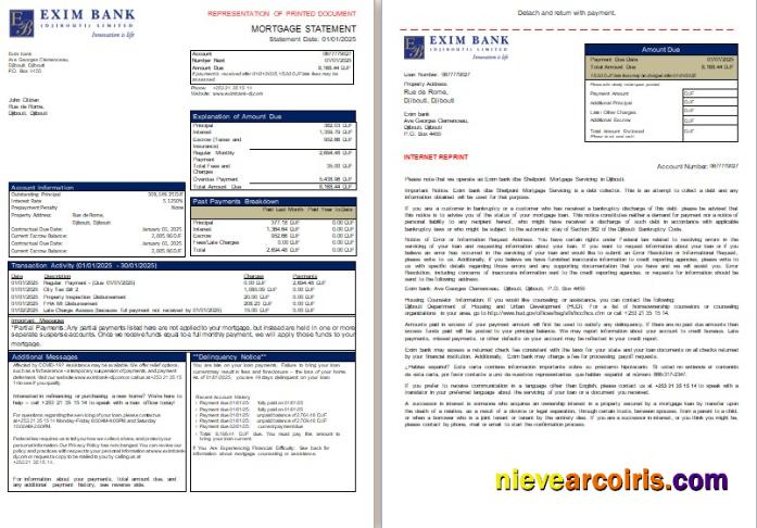 Djibouti Exim bank mortgage statement, 3 pages, 1-2